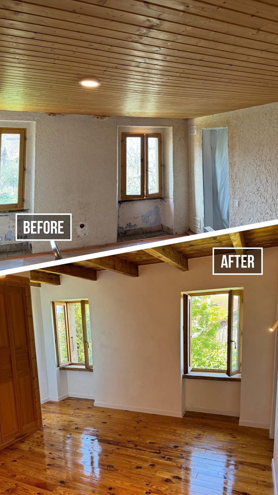 Comparaison avant et après la rénovation complète d'une pièce de vie par Trend Reno